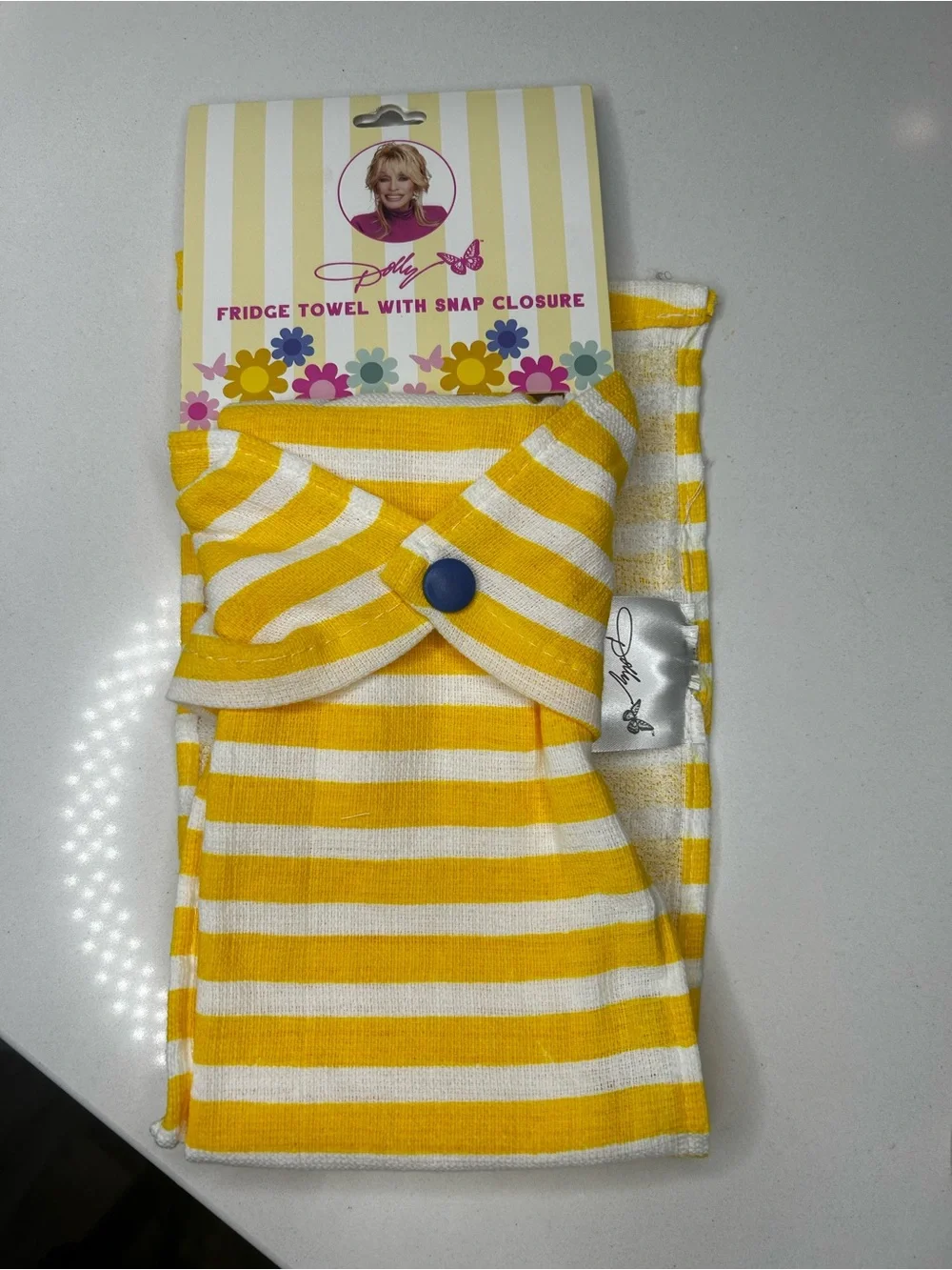NEW Dolly Parton Yellow & White Striped butterfly fridge towel Snap 100% cotton